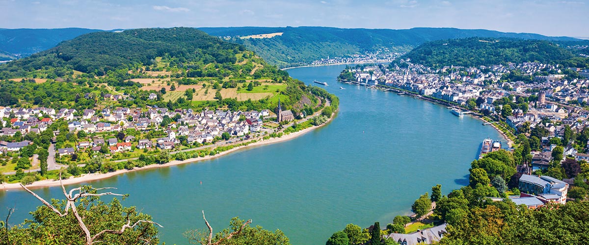 An aerial view of the town of Boppard and the Rhine River, Germany